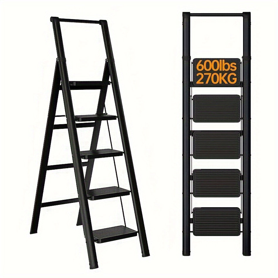 5-step ladder folding stool with anti slip wide pedals, lightweight and easy to carry handle folding ladder - V.I.P Digital Presence