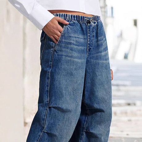 Mid waist wide leg pleated loose jeans women's street retro straight leg pants women - V.I.P Digital Presence