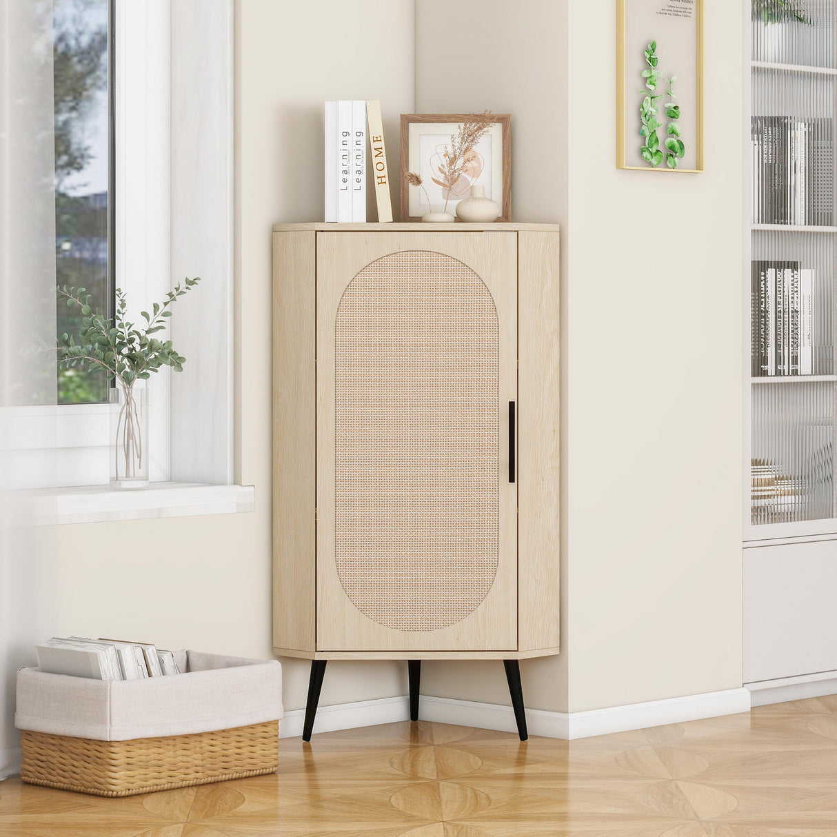 Corner cabinet ,Rattan door,Freestanding Corner Tables For Small Spaces, Corner Shelf Stand For Living Room, Kitchen - V.I.P Digital Presence