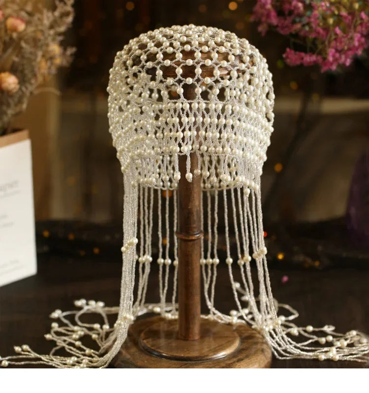 Handmade hollowed out headpiece performance pearl tassel hat - V.I.P Digital Presence