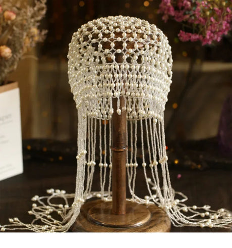 Handmade hollowed out headpiece performance pearl tassel hat - V.I.P Digital Presence