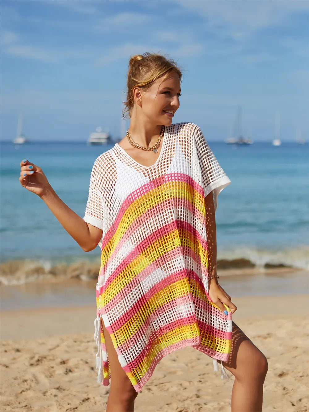 Cutout Striped Cover-Up with Tassel - V.I.P Digital Presence