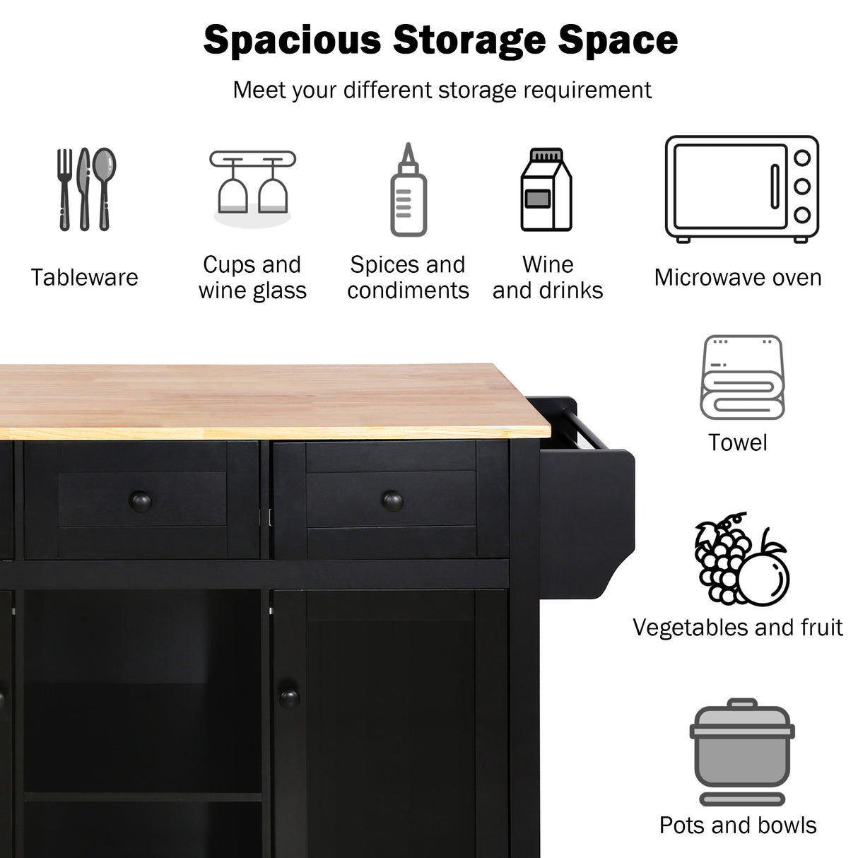 Kitchen trolley with rubber wood leaf countertop, 5-wheel kitchen island, storage cabinet and 3 dining drawers, black - V.I.P Digital Presence