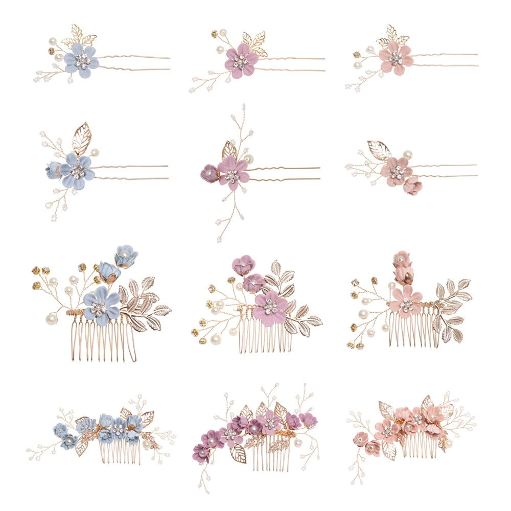 Luxury Blue Flower Hair Combs Headdress Prom Bridal Wedding Hair Accessories Gold Leaves Hair Jewelry Hair Pins - V.I.P Digital Presence