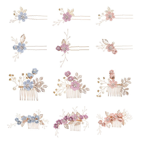 Luxury Blue Flower Hair Combs Headdress Prom Bridal Wedding Hair Accessories Gold Leaves Hair Jewelry Hair Pins - V.I.P Digital Presence