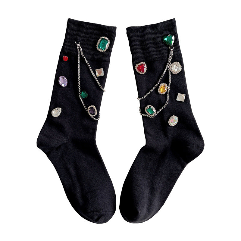 Summer and Spring European Luxury Love Diamond Black Chain Middle Tube Stacked Socks - V.I.P Digital Presence