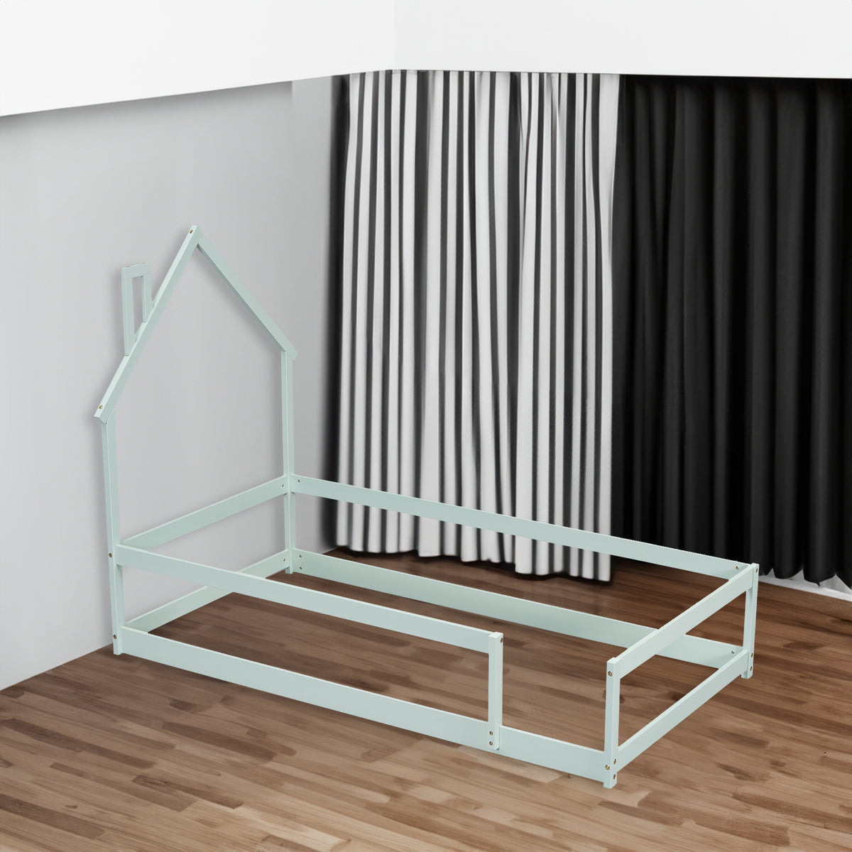 Twin Size Wood bed with House-shaped Headboard Floor bed with Fences,Light Green - V.I.P Digital Presence