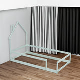 Twin Size Wood bed with House-shaped Headboard Floor bed with Fences,Light Green - V.I.P Digital Presence