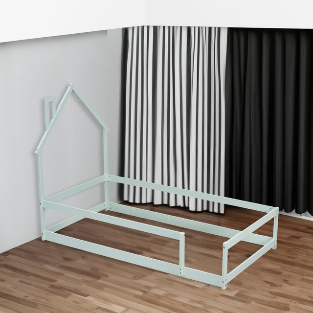 Twin Size Wood bed with House-shaped Headboard Floor bed with Fences,Light Green - V.I.P Digital Presence
