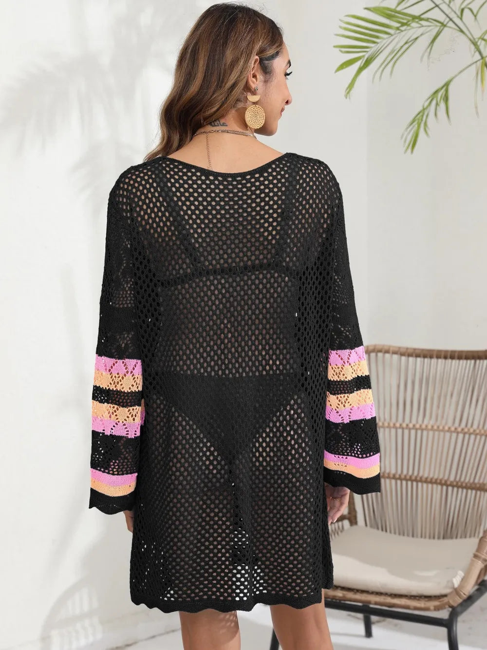 Openwork Contrast Long Sleeve Cover-Up - V.I.P Digital Presence