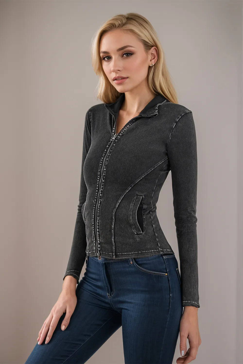 Pocketed Turtleneck Zip Up Denim Top - V.I.P Digital Presence