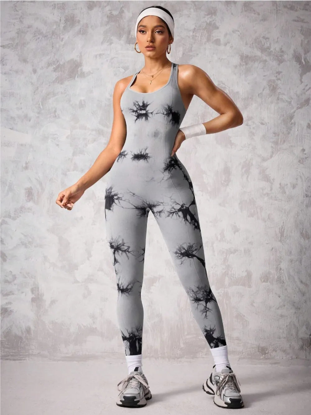 Back Crisscross Tie-Dye Scoop Neck Active Jumpsuit - V.I.P Digital Presence