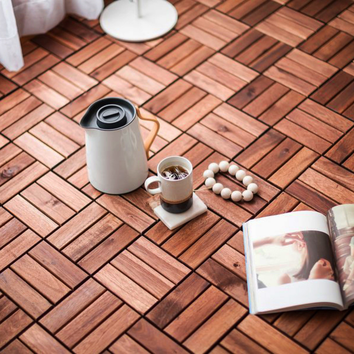 Acacia interlocking deck tile grid pattern, 10 pieces of 12 inch x 12 inch square brown Acacia hardwood outdoor flooring - V.I.P Digital Presence