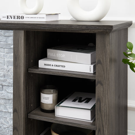 Mantel Stone modern entertainment console, manually stacked stone surrounds open storage space, gray - V.I.P Digital Presence