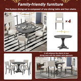 TREXM Five Piece Retro Round Dining Table Set with Curved Brackets and 4 Restaurant Cushioned Chairs (Dark Gray)