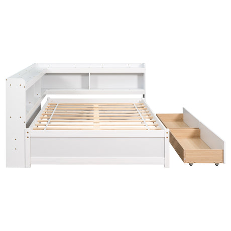 Full Bed with L-shaped Bookcases, Drawers ,White - V.I.P Digital Presence