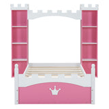 Castle-Shaped Wooden Bed with Storage Shelf, Dreamy Twin Size Platform Bed for Kids Bedroom, Pink+ White - V.I.P Digital Presence