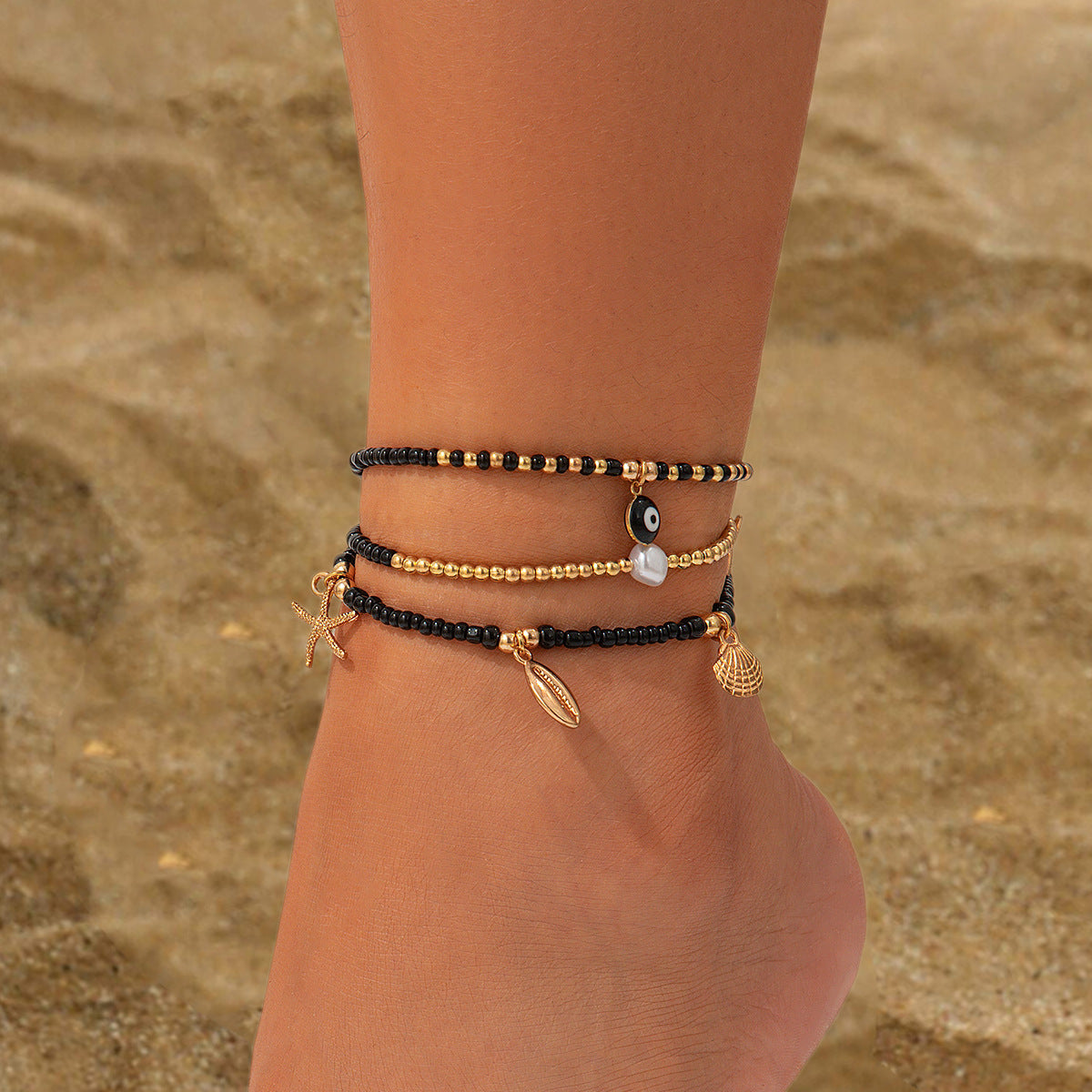 Leisure style beach circular rice bead foot ring 3-piece set, water droplet coin acrylic foot chain - V.I.P Digital Presence