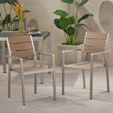 Outdoor Modern Aluminum Dining Chair with Faux Wood Seat (Set of 2), Natural and Silver - V.I.P Digital Presence