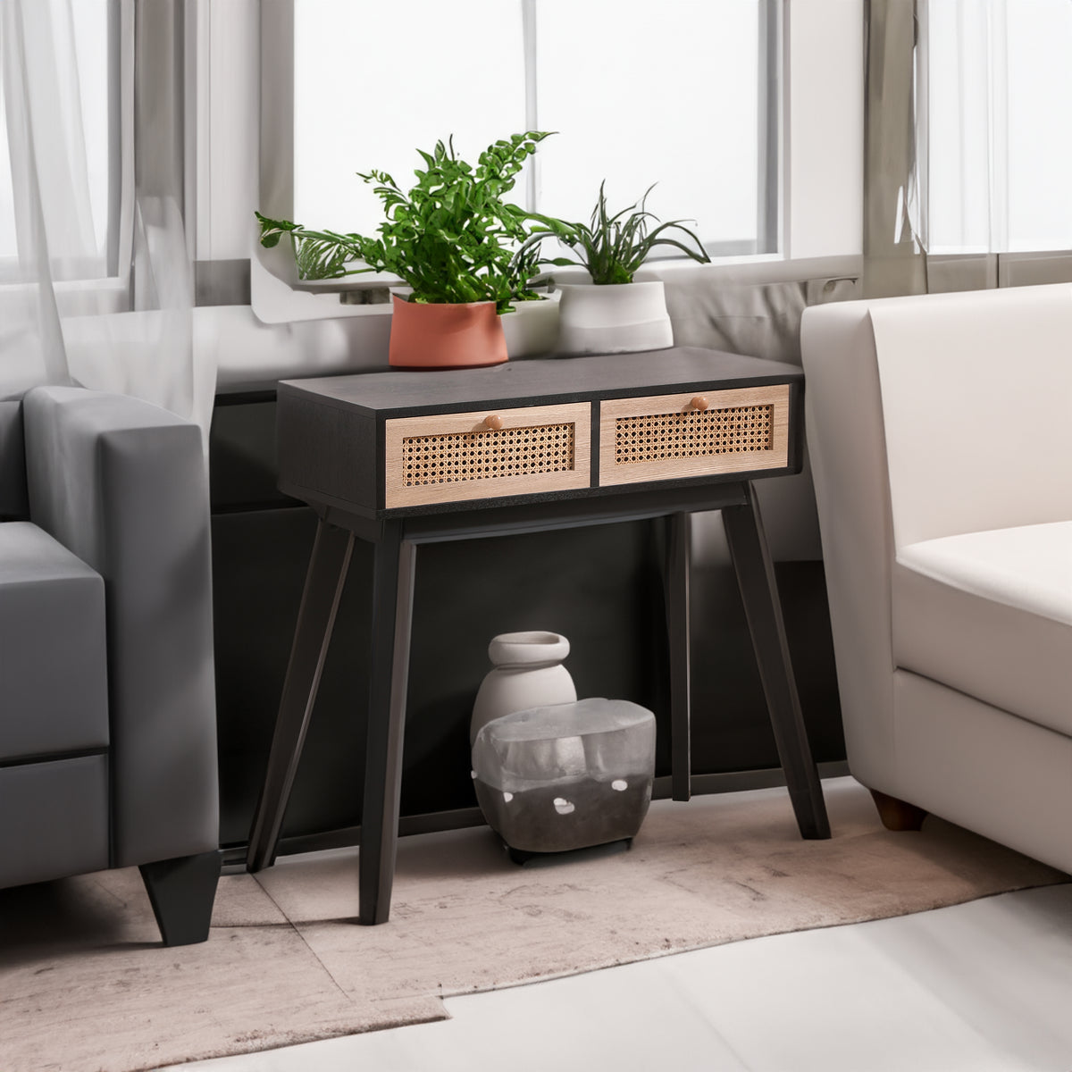 Side table with two real rattan drawers, solid wood table legs,can be used in the dining room, living room,bedroom - V.I.P Digital Presence