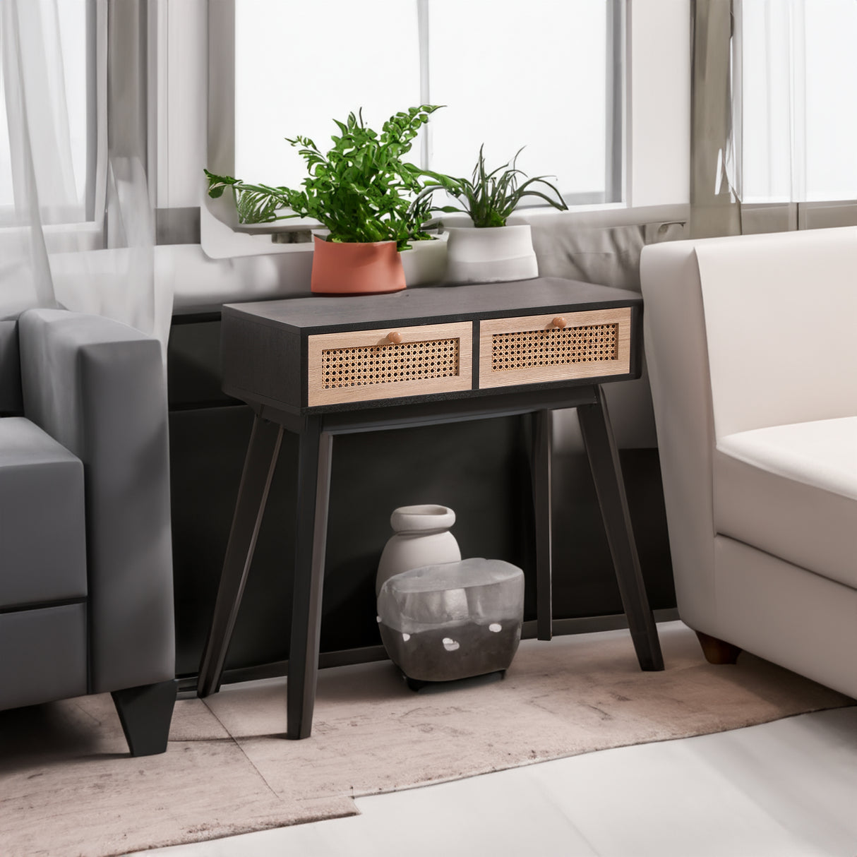 Side table with two real rattan drawers, solid wood table legs,can be used in the dining room, living room,bedroom - V.I.P Digital Presence