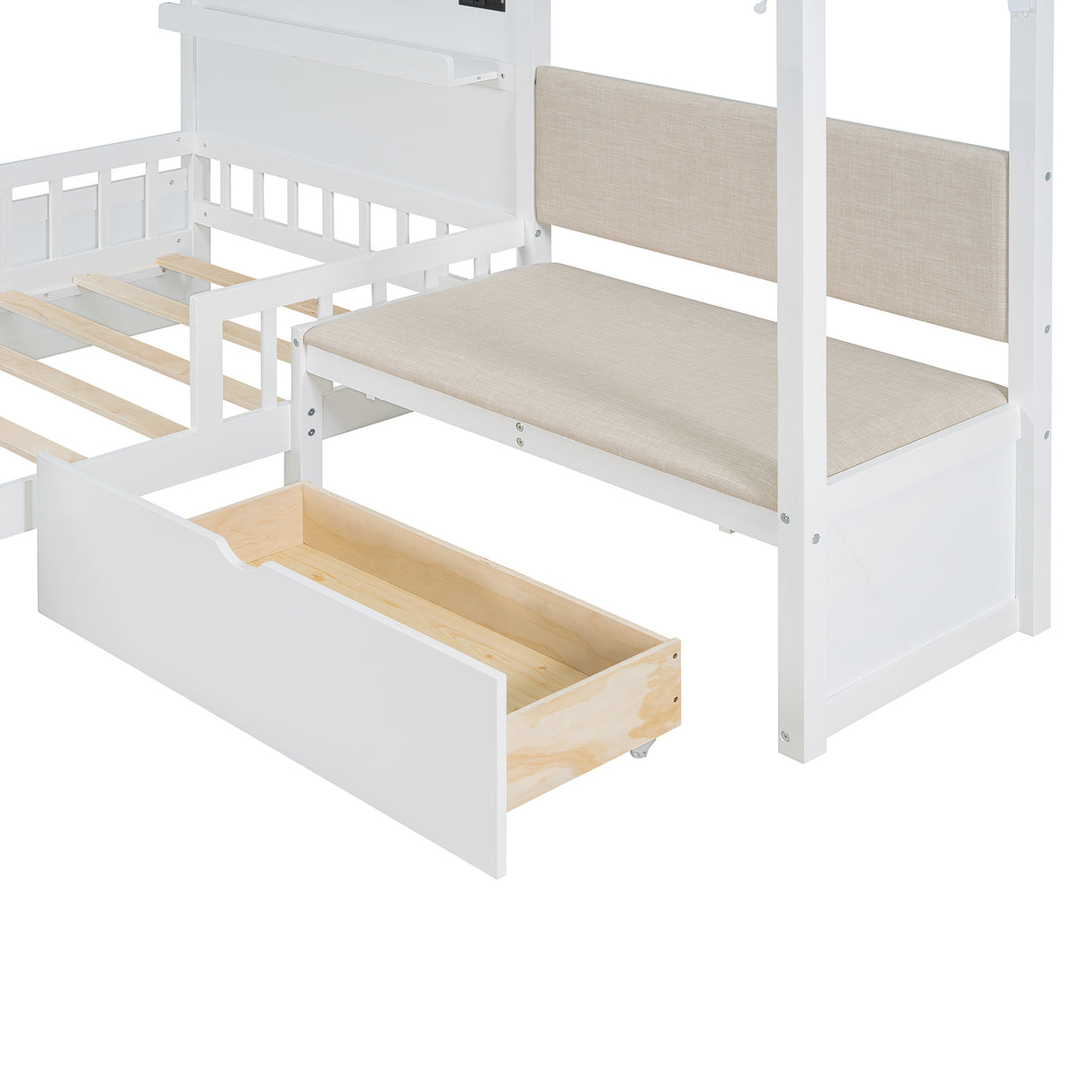 Twin Size House Bed with Upholstered Sofa, House Bed with Charging Station, Wireless Charging, Shelves and Two Drawers, White - V.I.P Digital Presence