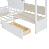 Twin Size House Bed with Upholstered Sofa, House Bed with Charging Station, Wireless Charging, Shelves and Two Drawers, White - V.I.P Digital Presence
