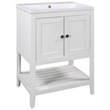 24" White Modern Sleek Bathroom Vanity Elegant Ceramic Sink with Solid Wood Frame Open Style Shelf - V.I.P Digital Presence