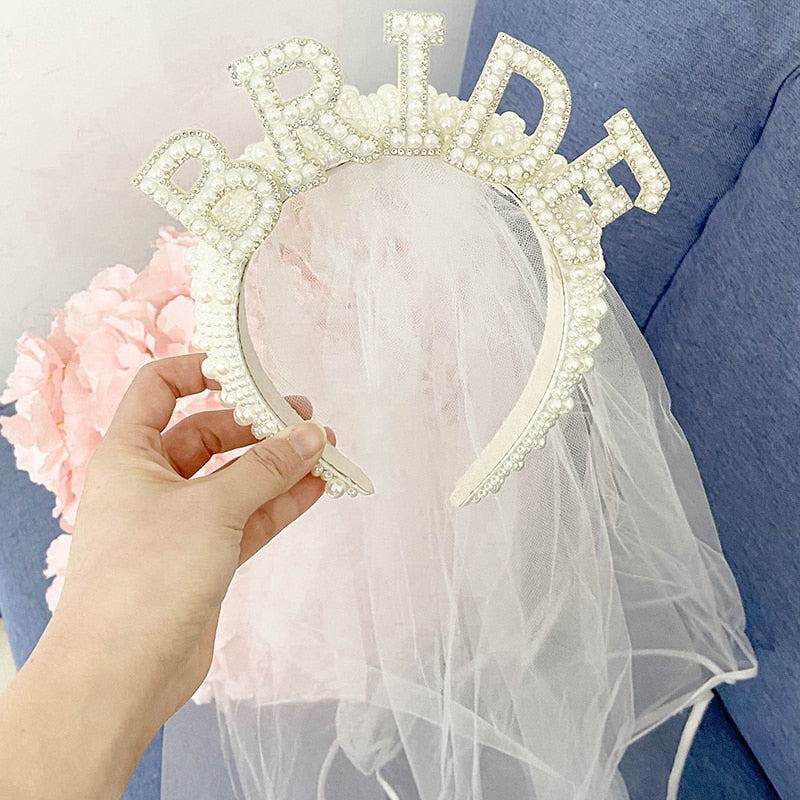 Bride to be Pearl crown tiara veil Bach Bachelorette hen Party Bridal Shower wedding engagement rehearsal dinner Decoration Gift - V.I.P Digital Presence