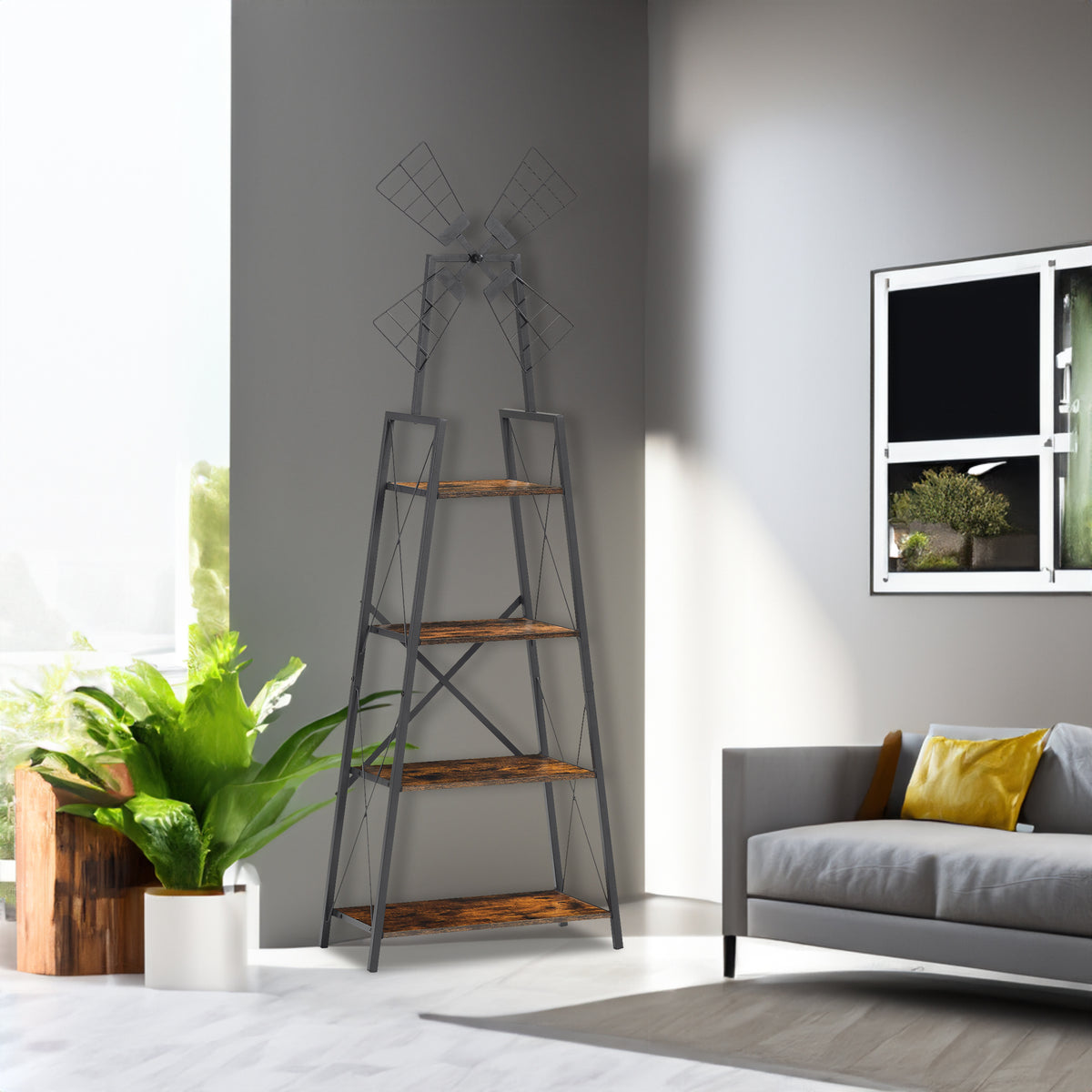 4-Tier Narrow Book Shelf, Bookcase for Home Office, Living Room, Bedroom, Kitchen, Rustic Brown and Black - V.I.P Digital Presence