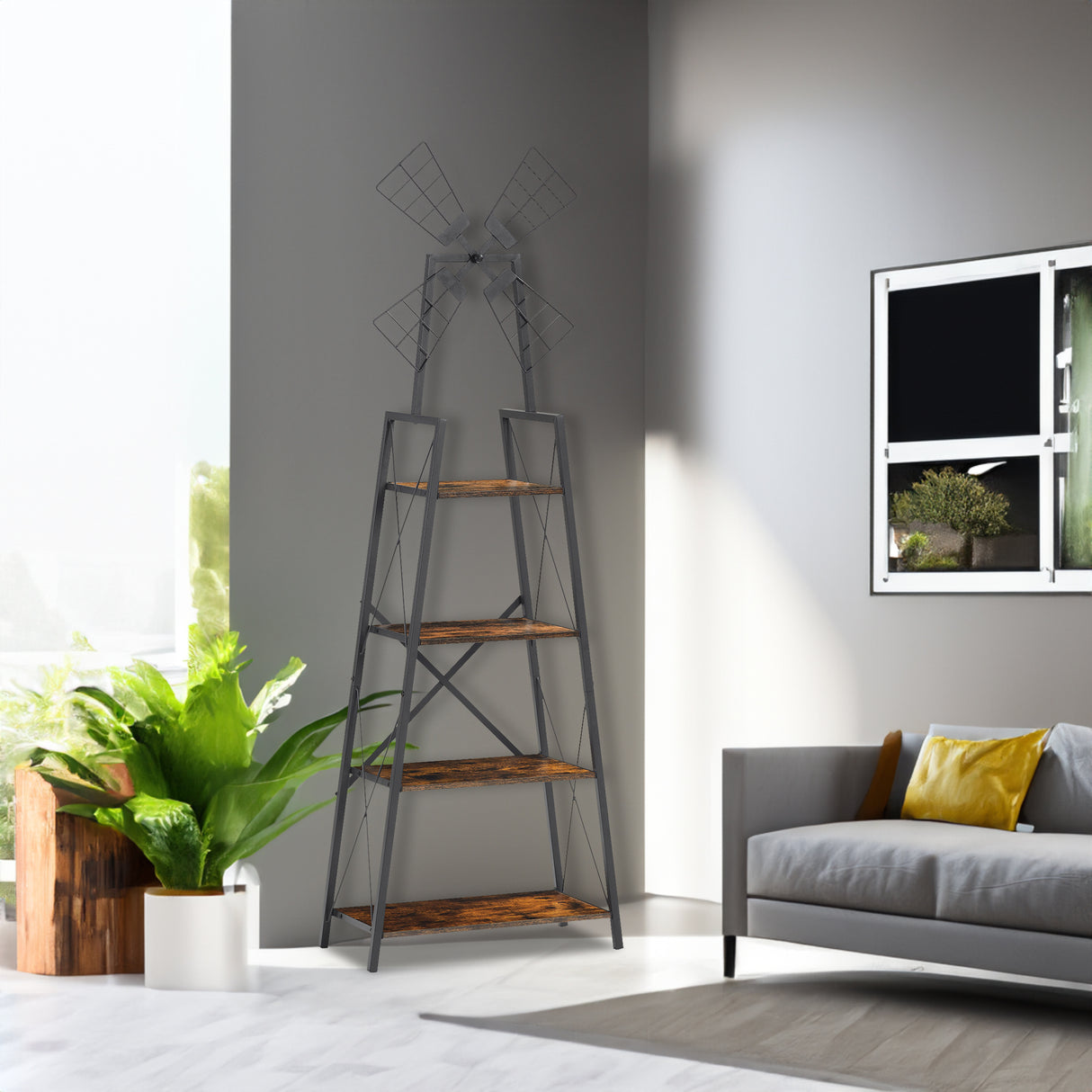 4-Tier Narrow Book Shelf, Bookcase for Home Office, Living Room, Bedroom, Kitchen, Rustic Brown and Black - V.I.P Digital Presence