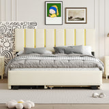 Queen Size Upholstered Platform Bed with 2 Drawers and 1 Trundle, Classic Metal Strip Headboard Design, Beige - V.I.P Digital Presence
