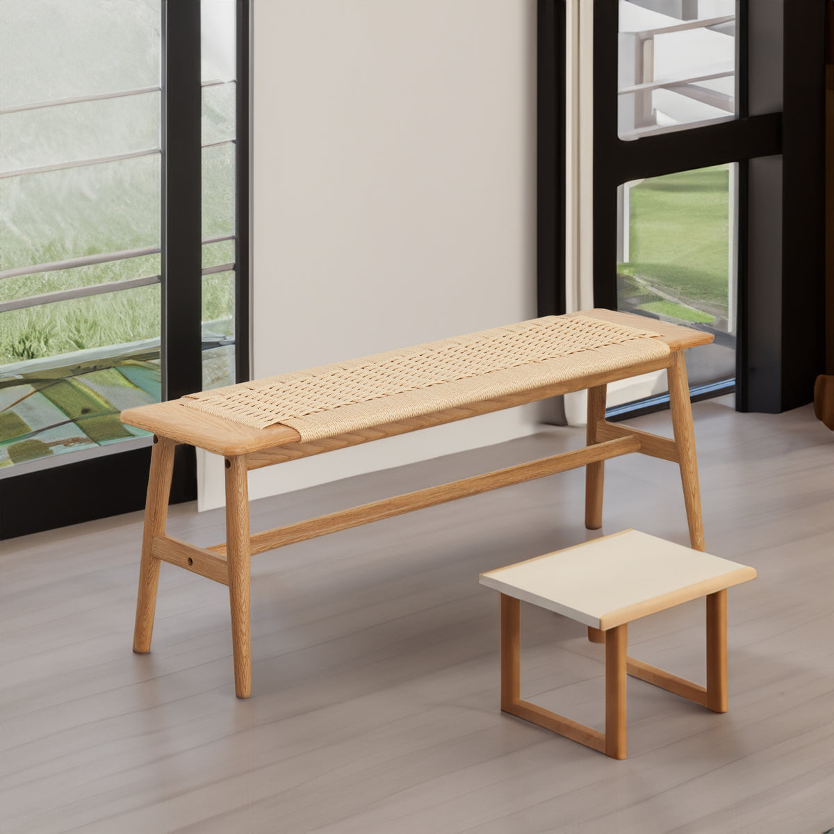 Woven Design Natural Oak Wood Dining Bench Bed Bench for Dining Room, Bedroom, Bathroom - V.I.P Digital Presence