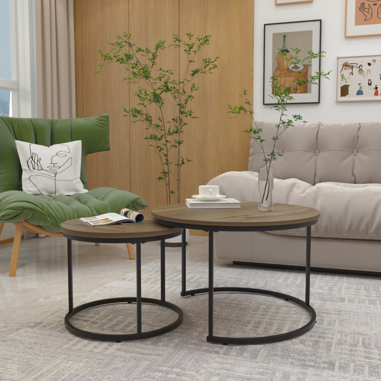 A set of nested coffee tables, 27.6-inch round coffee table, industrial wood veneer, with sturdy metal frame (brown) - V.I.P Digital Presence