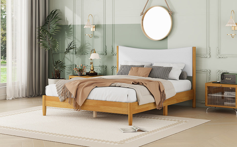 Queen Size Rubber Wooden , Solid Wooden Bed with Teddy Velvet Cushion Upholstered Headboard, Enhanced by Support Feet - V.I.P Digital Presence