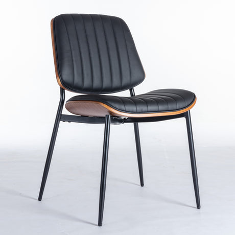 2-piece retro linen chair set with curved wooden backrest, cushioned seat, adjustable metal legs, (Black PU) - V.I.P Digital Presence
