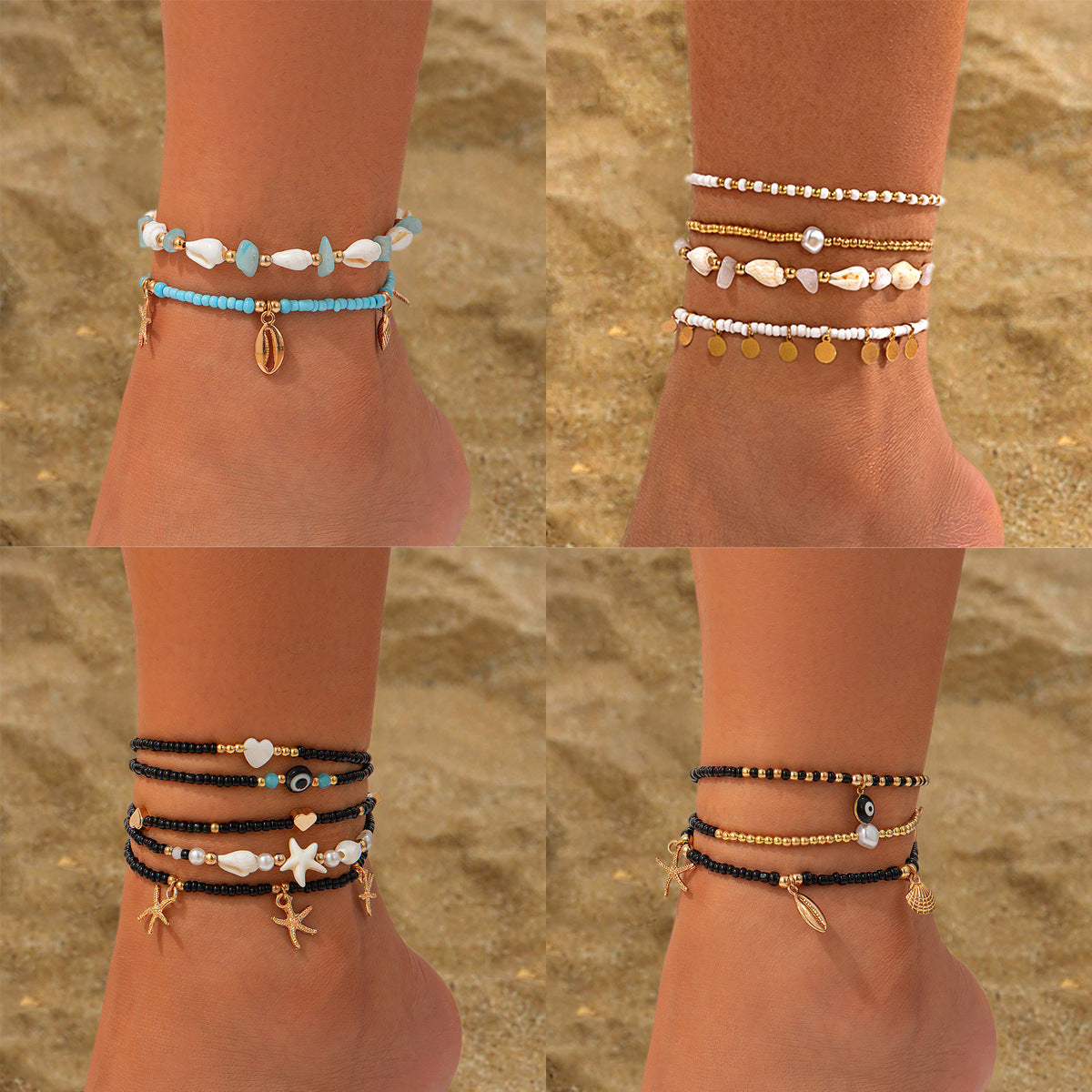 Leisure style beach circular rice bead foot ring 3-piece set, water droplet coin acrylic foot chain - V.I.P Digital Presence