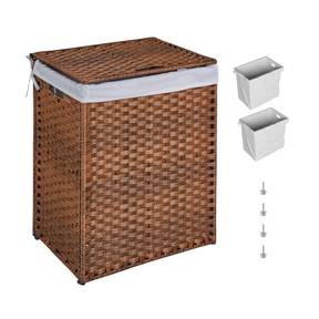 Laundry Hamper With Lid PE Rattan Powder Coating Frame Clothes Hampers with 02 Removable Bags, 100L, Brown Color - V.I.P Digital Presence