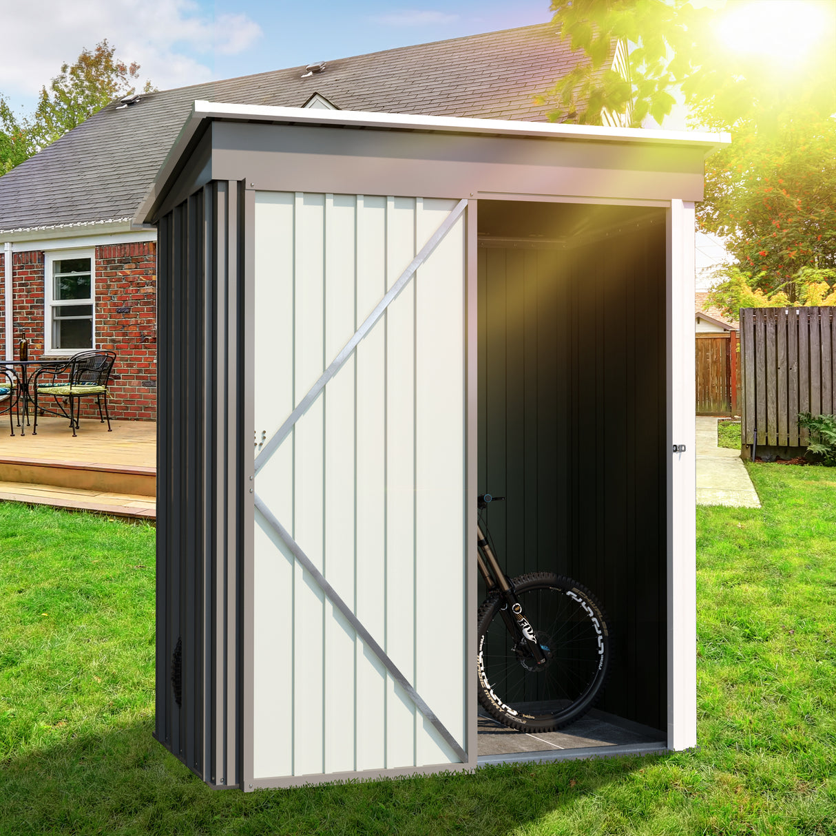 5 * 3FT outdoor storage shed, tool shed with sloping roof and lockable door, backyard garden metal shed, courtyard lawn, gray - V.I.P Digital Presence