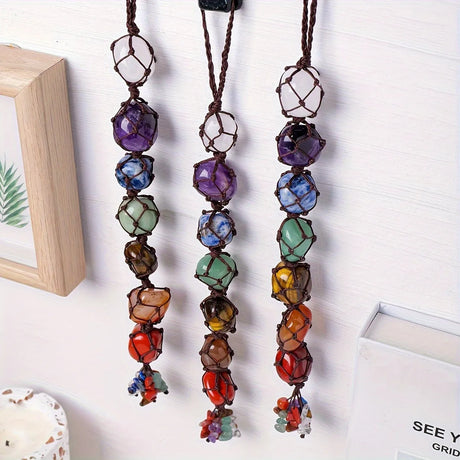 Natural crystal seven color rolling stone car hanging hand woven energy stone shaped mesh bag pendant - V.I.P Digital Presence