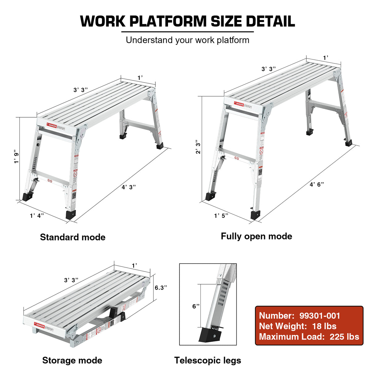 Aluminum Work Platform Large Size Step Stool Folding Portable Work Bench 40" Width Telescopic Feet 22" -27.5" Height Adjustable - V.I.P Digital Presence