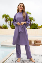 Cap, Drawstring Mock Neck Long Sleeve Top and Pants Swim Set - V.I.P Digital Presence