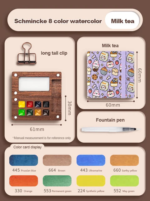 Mini watercolor paint box and small notebook Mingke 8-color wooden box mini drawing board solid watercolor painting - V.I.P Digital Presence