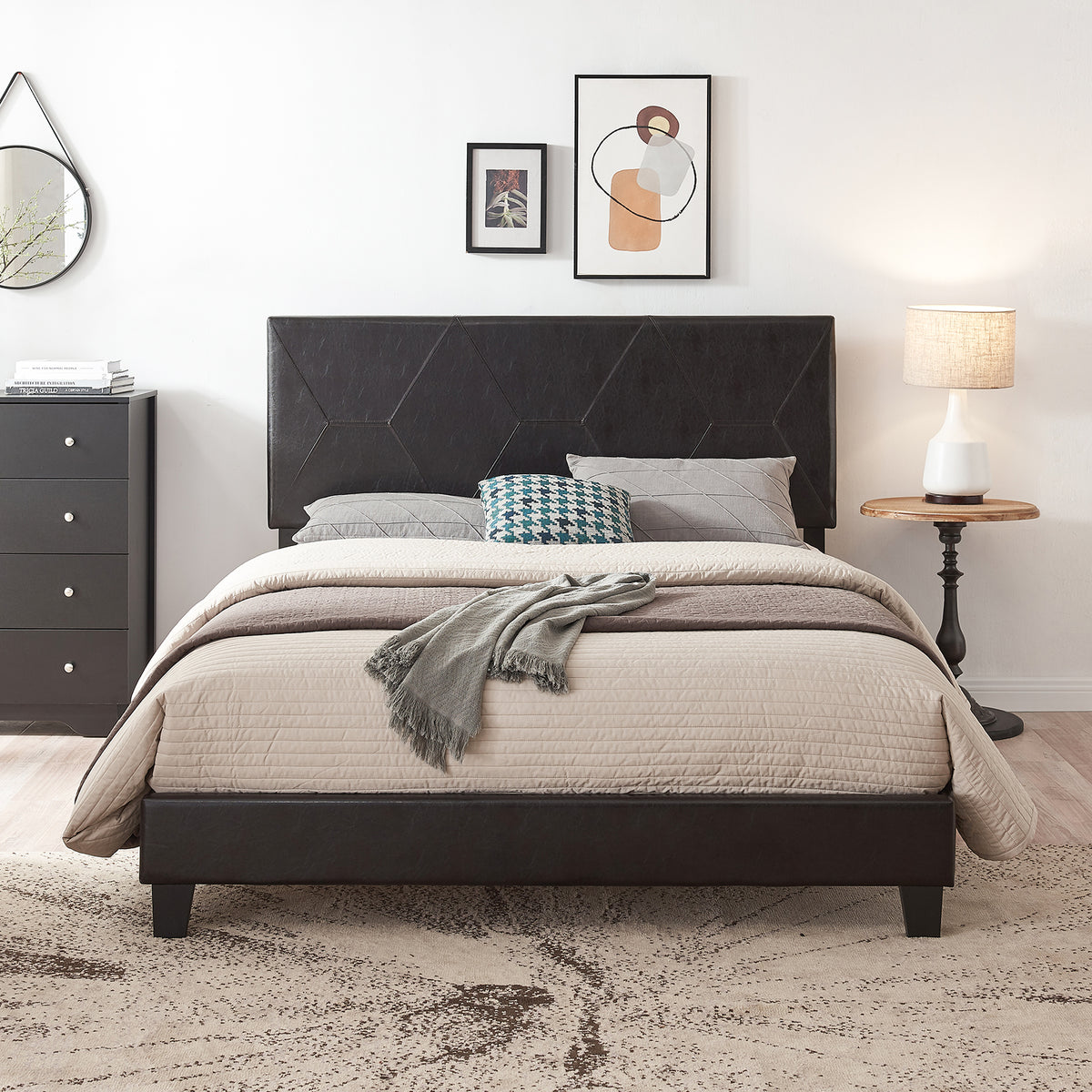 Queen Size Upholstered Platform Bed Frame Wood Slat Support Easy Assembly Black pu - V.I.P Digital Presence