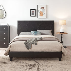 Queen Size Upholstered Platform Bed Frame Wood Slat Support Easy Assembly Black pu - V.I.P Digital Presence
