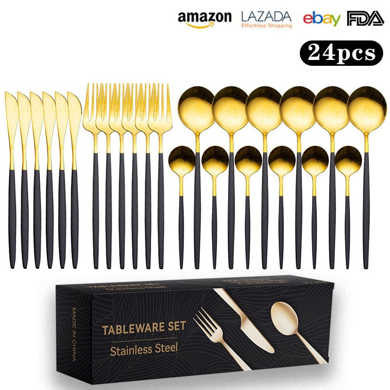 Cutlery Set Stainless Steel Knife Fork Set 24-Piece Tableware Set Golden Steak Knife Fork Spoon 6-Person Set - V.I.P Digital Presence