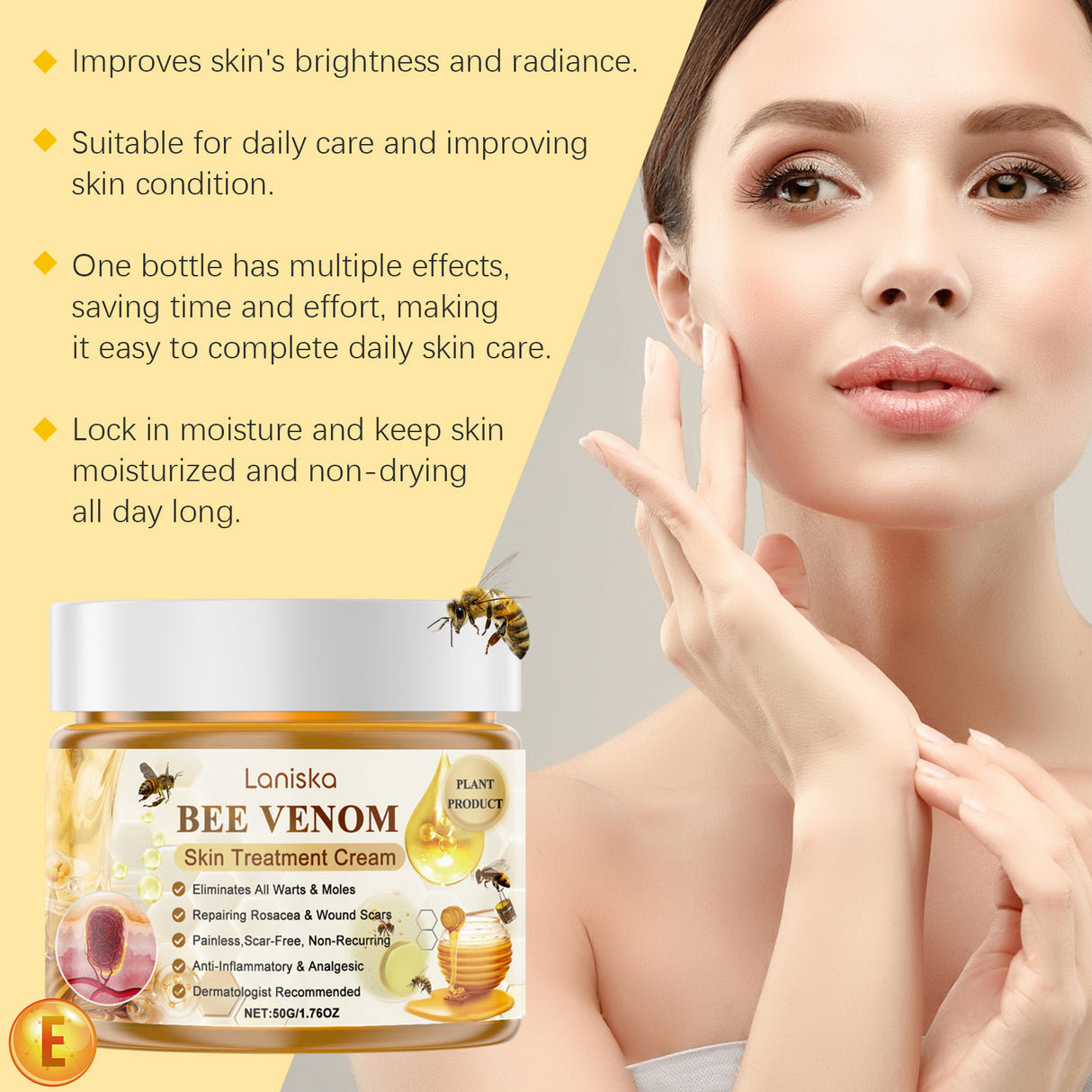 Crema hidratante, reparadora y suavizante con veneno de abeja, con ingredientes herbales suaves.