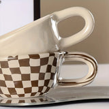 A 300ml ceramic retro couple checkerboard grid small capacity milk white wind mug coffee cups - V.I.P Digital Presence
