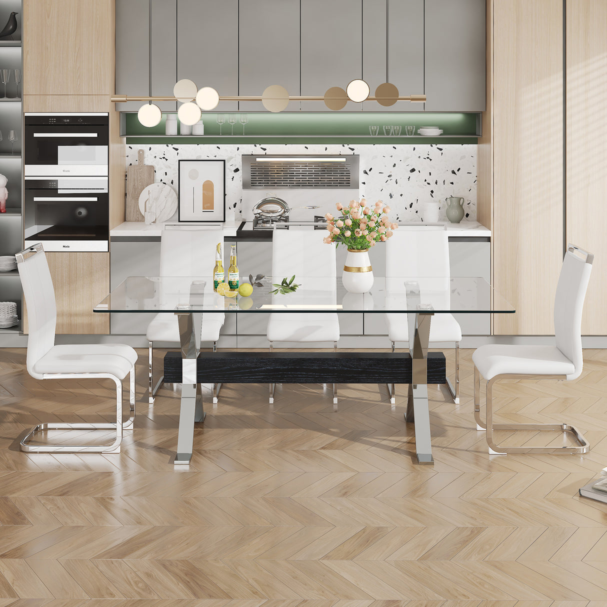 Dining table Modern tempered glass dining table Large modern office desk with silver plated metal legs and MDF crossbars - V.I.P Digital Presence