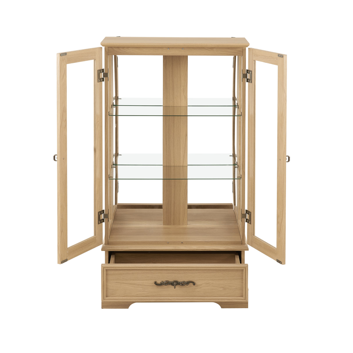 Light colored glass cabinet with adjustable glass frame, including cabinet light bulbs OAK with 2 doors and 1 drawer - V.I.P Digital Presence